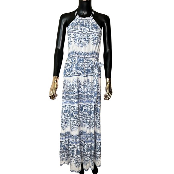 ✨ LOFT Blue & White Boho Print Halter Maxi Dress Size Small - Picture 3 of 13